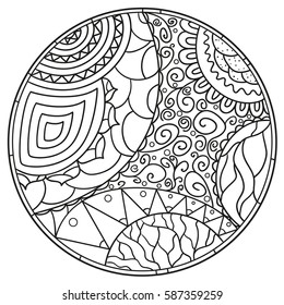 Zendala. Zentangle. Hand drawn circle mandala with abstract patterns on isolation background. Design for spiritual relaxation for adults. Line art creation. Black and white illustration for coloring.