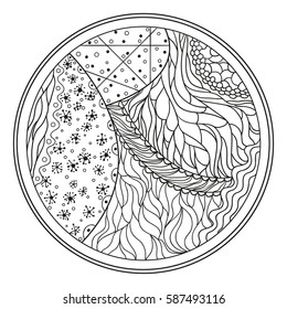 Zendala. Zentangle. Hand drawn circle mandala with abstract patterns on isolation background. Design for spiritual relaxation for adults. Line art creation. Black and white illustration for coloring.