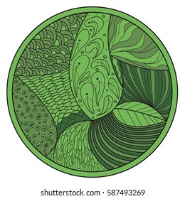 Zendala. Zentangle. Hand drawn circle mandala with abstract patterns on isolation background. Line art creation.