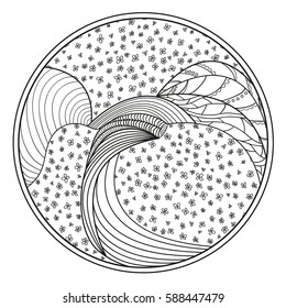 Zendala. Zentangle. Hand drawn circle mandala with abstract patterns on isolation background. Design for spiritual relaxation for adults. Line art creation. Black and white illustration for coloring.
