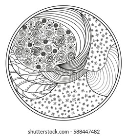 Zendala. Zentangle. Hand drawn circle mandala with abstract patterns on isolation background. Design for spiritual relaxation for adults. Line art creation. Black and white illustration for coloring.
