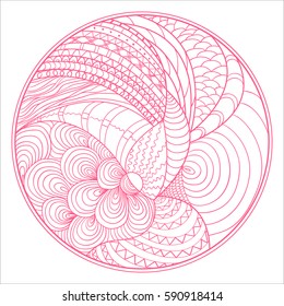Zendala. Zentangle. Hand drawn circle mandala with abstract patterns on isolation background. Design for spiritual relaxation for adults. Line art creation. Zen art