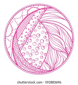 Zendala. Zentangle. Hand drawn circle mandala with abstract patterns on isolation background. Design for spiritual relaxation for adults. Line art creation. Zen art