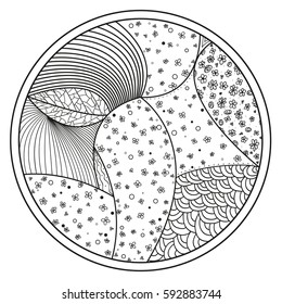 Zendala. Zentangle. Hand drawn circle mandala with abstract patterns on isolation background. Design for spiritual relaxation for adults. Line art creation. Black and white illustration for coloring.