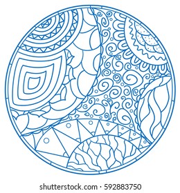 Zendala. Zentangle. Hand drawn circle mandala with abstract patterns on isolation background. Design for spiritual relaxation for adults. Line art creation. Zen art