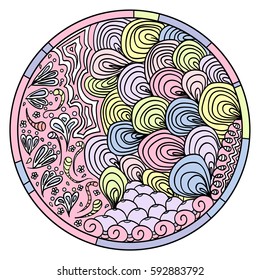 Zendala. Zentangle. Hand drawn circle mandala with abstract patterns on isolation background. Line art creation. Zen art. 