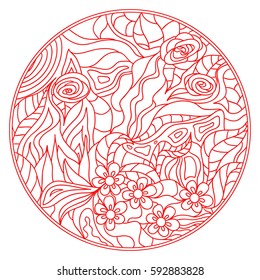 Zendala. Zentangle. Hand drawn circle mandala with abstract patterns on isolation background. Design for spiritual relaxation for adults. Line art creation.
