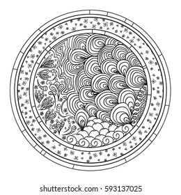 Zendala. Zentangle. Hand drawn circle mandala with abstract patterns on isolation background. Design for spiritual relaxation for adults. Line art creation. Black and white illustration for coloring.