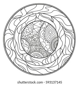 Zendala. Zentangle. Hand drawn circle mandala with abstract patterns on isolation background. Design for spiritual relaxation for adults. Line art creation. Black and white illustration for coloring.
