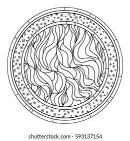 Zendala. Zentangle. Hand drawn circle mandala with abstract patterns on isolation background. Design for spiritual relaxation for adults. Line art creation. Black and white illustration for coloring.