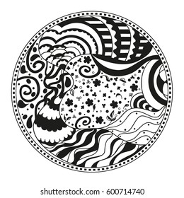 Zendala. Zentangle. Hand drawn circle mandala with abstract patterns on isolation background. Design for spiritual relaxation for adults. Line art creation.