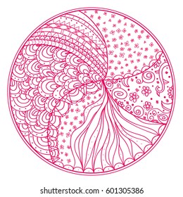 Zendala. Zentangle. Hand drawn circle mandala with abstract patterns on isolation background. Zen art. Design for spiritual relaxation for adults. Line art creation.