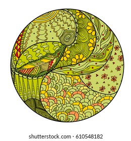 Zendala. Zentangle. Hand drawn circle mandala with abstract patterns on isolation background. Design for spiritual relaxation for adults. Line art creation.