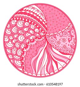 Zendala. Zentangle. Hand drawn circle mandala with abstract patterns on isolation background. Design for spiritual relaxation for adults. Line art creation.