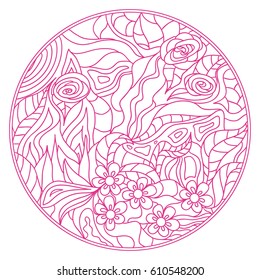 Zendala. Zentangle. Hand drawn circle mandala with abstract patterns on isolation background. Zen art. Design for spiritual relaxation for adults. Line art creation.