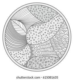 Zendala. Zentangle. Hand drawn circle mandala with abstract patterns on isolation background. Design for spiritual relaxation for adults. Line art creation.