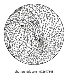 Zendala. Zentangle. Hand drawn circle mandala with abstract patterns on isolation background. Design for spiritual relaxation for adults. Black and white illustration for coloring. Line art creation.