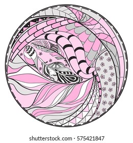 Zendala. Zentangle. Hand drawn colored circle mandala with abstract patterns on isolation background. Line art creation.