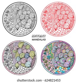 Zendalas. Zentangle. Hand drawn circle mandala with abstract patterns on isolation background. Design for spiritual relaxation for adults. Line art creation. Black and white illustration for coloring.