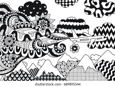 Zendoodle abstract airplane flying over beautiful mountain for banner,adult coloring book pages and design element. Stock Vector