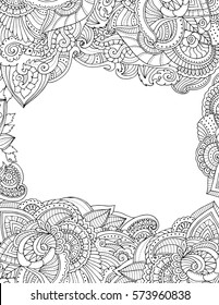 Zendoodle abstract floral background border. Monochrome adult coloring greeting card frame empty in the middle.