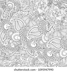 Zendoodle background. Henna paisley mehndi doodles design tribal black and white seamless pattern. Turkish cucumbers