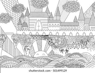Zendoodle castle landscape for background, adult coloring and design element. Stock vector.