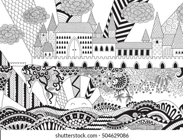 Zendoodle castle landscape for background, adult coloring and design element. Stock vector.