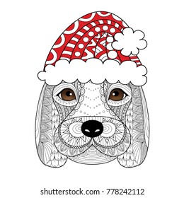 Zendoodle design of beagle puppy wearing red christmas hat for design element.Vector illustration. Happy New year 2018