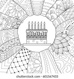 Zendoodle design of birthday cake for cards,invitations,adult coloring book page and other design element