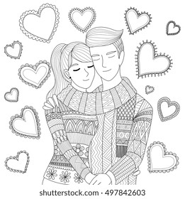 Zendoodle design of a couple holding each other showing love for adult coloring book pages and Valentine's card