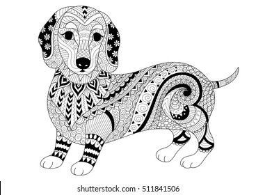 Zendoodle design of dachshund puppy for adult coloring book and T shirt design. Stock vector