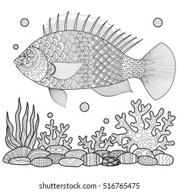 Zendoodle design of a fish swimming above beautiful corals for adult coloring for anti stress