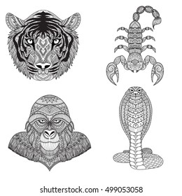 Zendoodle design of four dangerous creatures such as tiger,scorpion,cobra snake and gorilla for T shirt design graphic and adult coloring book pages