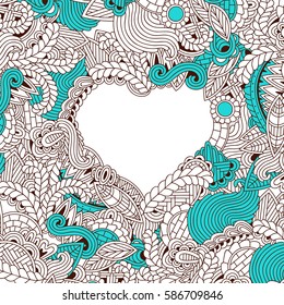 Zendoodle design of heart shape on abstract line art background design for background,wedding card,design element with leaves and waves