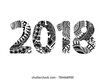 Zendoodle design inside number 2018 for design element. Vector illustration