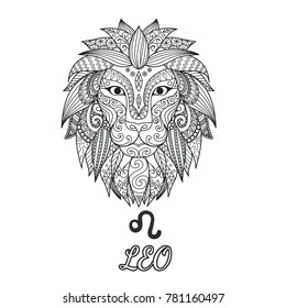 Zendoodle design of Leo zodiac sign for illustration and coloring book page for adult. Stock Vector.