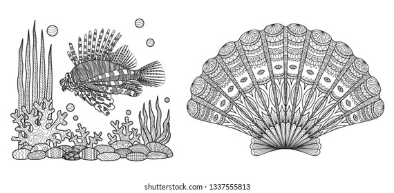 Zendoodle design of Lion fish swimming and beautiful coral and sea shell collection for adult coloring book pages. Vector illustration.