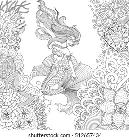 Zendoodle design ofmermaid swimming among beautiful corals for adult coloring book pages