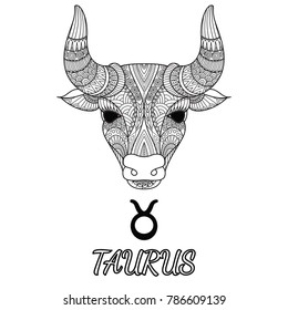 Zendoodle design of Taurus zodiac sign for design element and adult coloring book page. Vector illustration