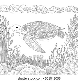 Zendoodle design of turtle swimming in ocean and beautiful corals for adult coloring book for anti stress - Stock Vector