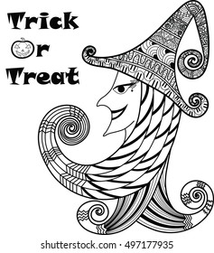 Zendoodle design of a witch with text 'Trick or treat' for adult coloring and Halloween card