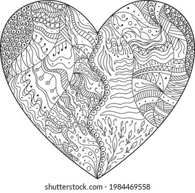 Zendoodle heart abstract decoration isolated icon. Black and white design for adult colouring book style. St Valentine's vector illustration.