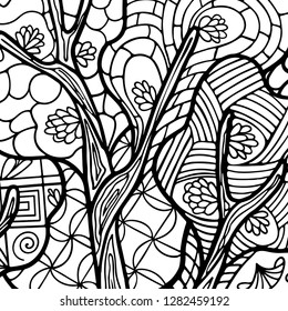 Zendoodle pattern on white background. Tree trunk with flowers on abstract background. Stylization and fantasy. Black and white vector illustration. Coloring book for children and adults.