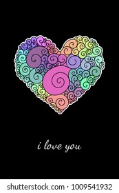 Zendoodle style Valentine's Day greeting card in pastel shades with curls and spirals patternon black.