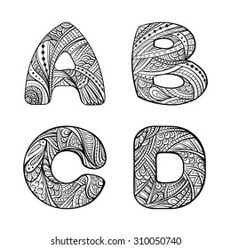 Zendoodle style vector graphic. letters A, B, C, D