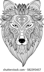 Zendoodle stylize of dire wolf design for tattoo, bag ,mug, pillow cover,T-shirt and adult coloring book page. Stock Vector