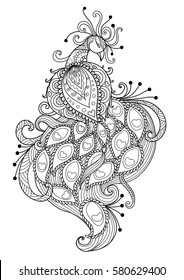 Zendoodle stylized of beautiful peacock for adult coloring page, T-Shirt design and tattoo. Stock Vector