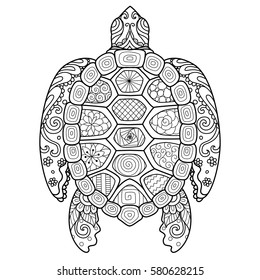 Zendoodle stylized turtle for T-Shirt design, tattoo and adult coloring book page. Stock Vector