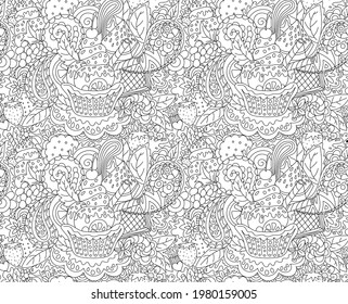 
Zendoodles coloring. Line-drawn candy and ice cream with berries. Desserts and fruits in a seamless vector pattern for printing on paper and fabric